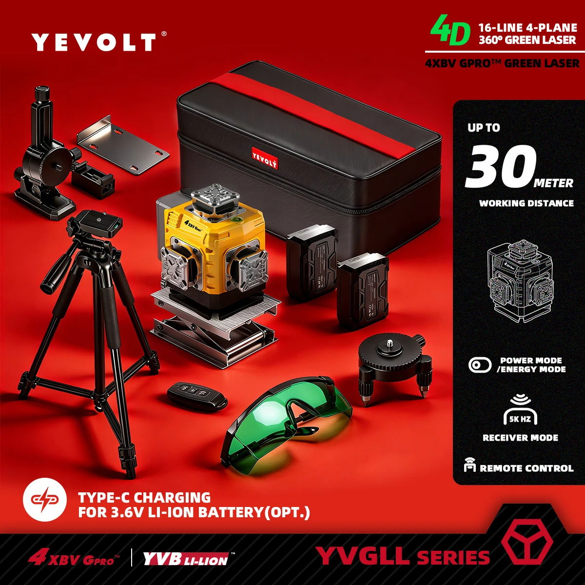 

Лазерный уровень YEVOLT 360, самовыравнивающийся со штативом 4D, лазерный уровень 4x360 ° Лазер с перекрестной линией для инструмента ремонта строительного проекта