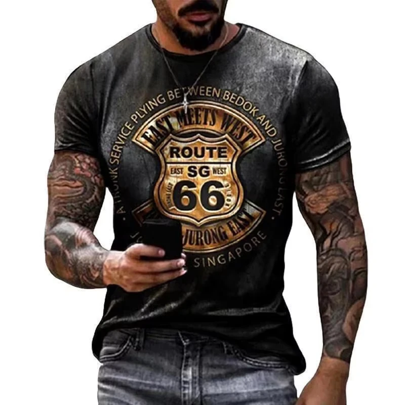 

Summer And Fall Man Clothing 3d Printed Route 66 Tough Guy Men's T-Shirt Top Men's Loose Fashion Oversized Casual Street T-Shirt