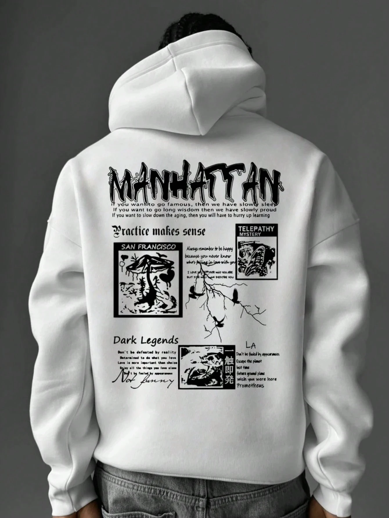

A White Hoodie Paired with A Manhattan & San Francisco Printed Graphic Pullover, A Street Sweatshirt, and Hip-hop Fashionn