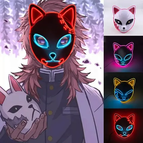 Glowing Demon Slayer Led Face Mask Anime Cosplay Prop Cat Face Fox Halloween Cold Light Flashing Mask Party Costume