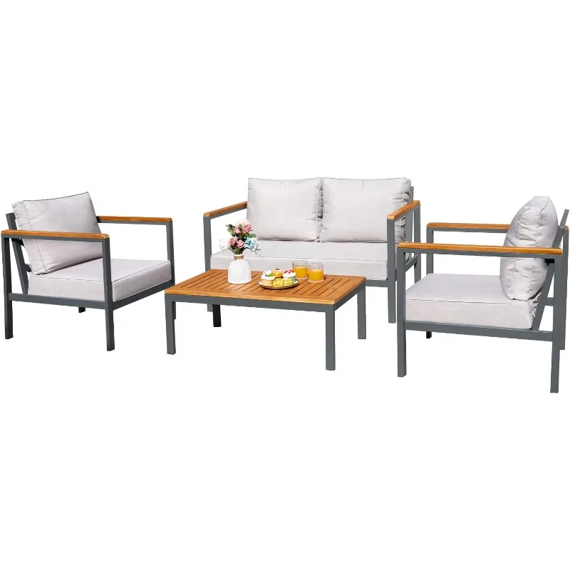 Móveis de madeira maciça para Pátio Lounge, Braço e Mesa Top, Anti-Drop, Grosso Almofada impermeável, Bege, 4 PCs