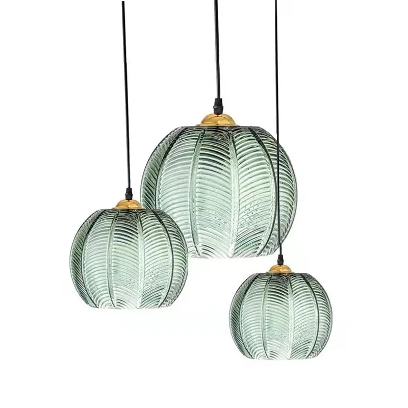Mid Century Modern Blue Glass Pendant Light, E27 Leaf Pattern with Adjustable Cord for Kitchen Island, Dining, Farmhouse Foyer