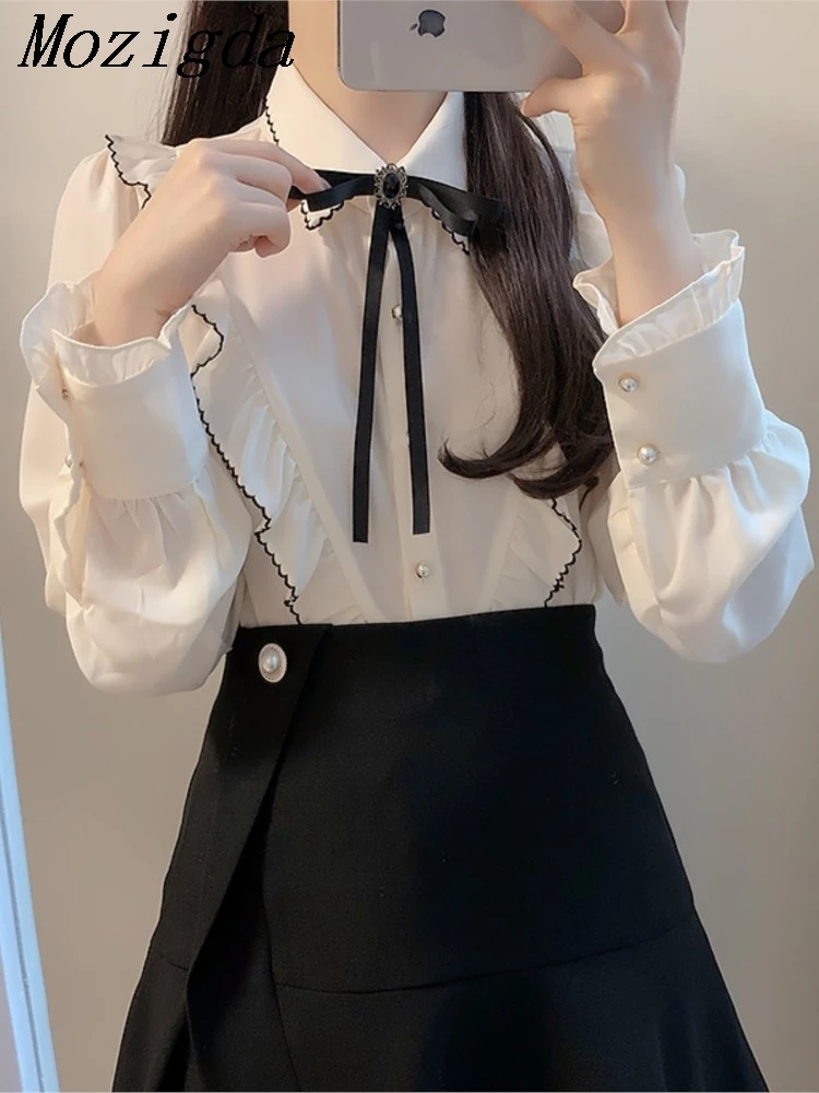 

Spring Summer Long Sleeve Shirts Tops Women Sweet Bow Fashion Patchwork Ruffle Ladies Blouses Loose Pleated Woman Shirts