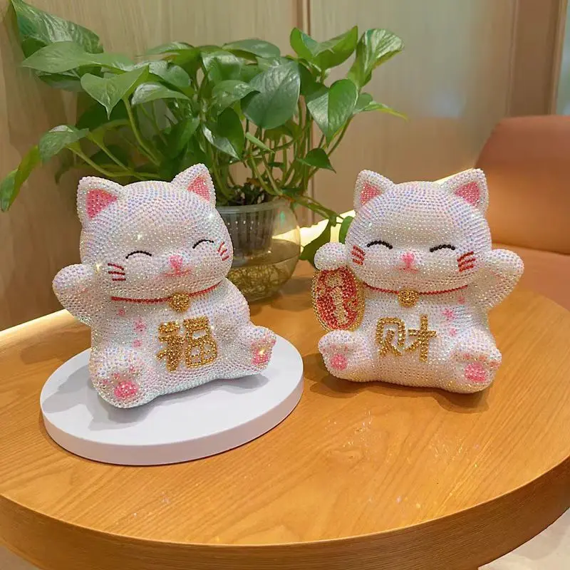 Blinged Chinese Lucky Cat Statue Rhinestone Coin Deposit Jar DIY Handmade Mosaic Cross Stitch Home Decorative Kids Birthday Gift