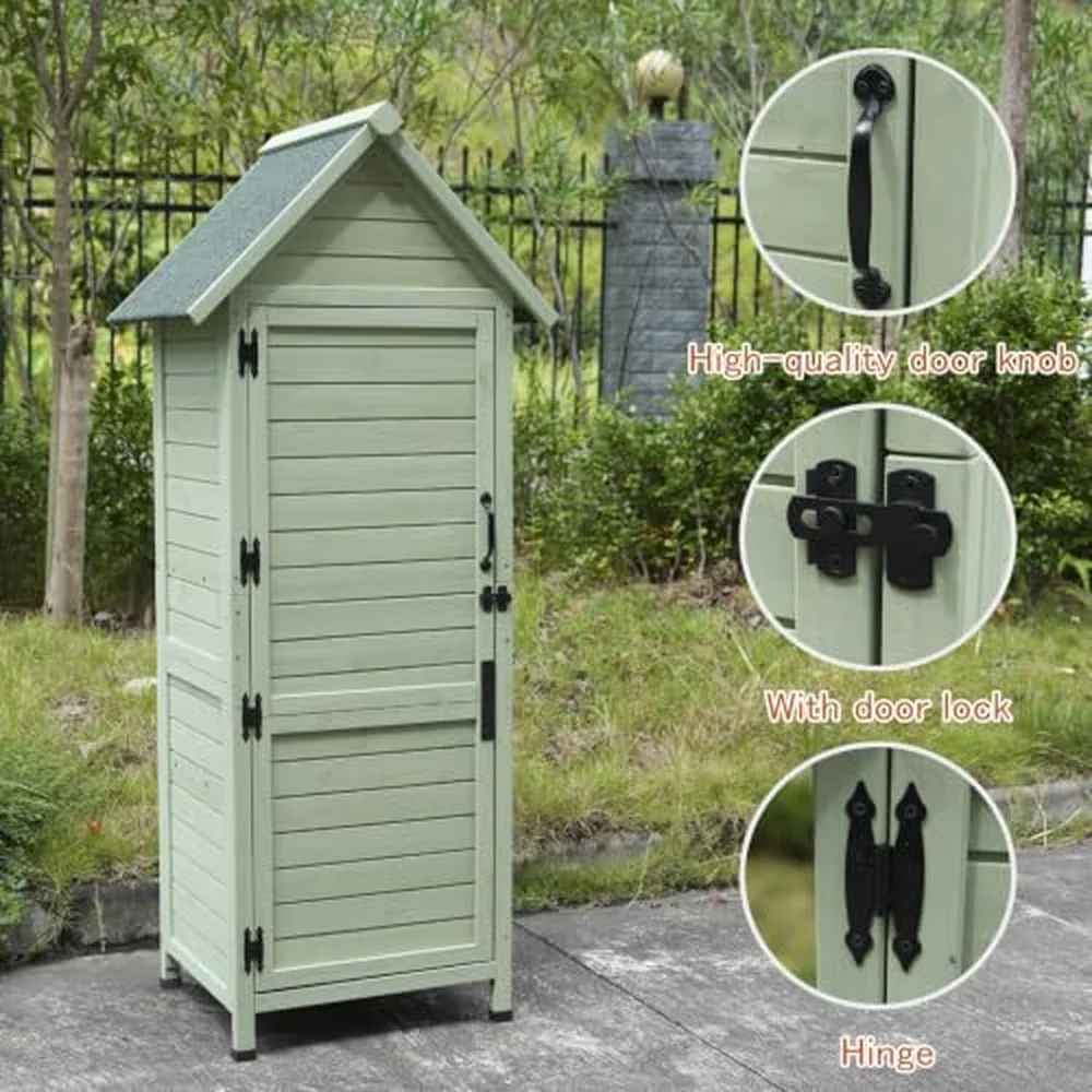 SUHPETNSOutdoor Wooden Storage Shed with Safety Latch & Adjustable Shelves Weather‑Resistant Garden Tool Cabinet Patio