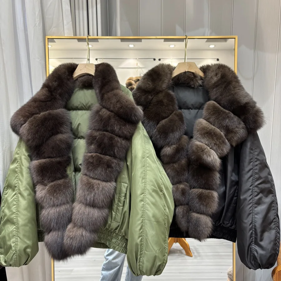 

New Large Fox Fur Collar Parka White Duck Down Jacket Women Detachable Fox Fur Collar Winter Warm Pocket Quilted Coat