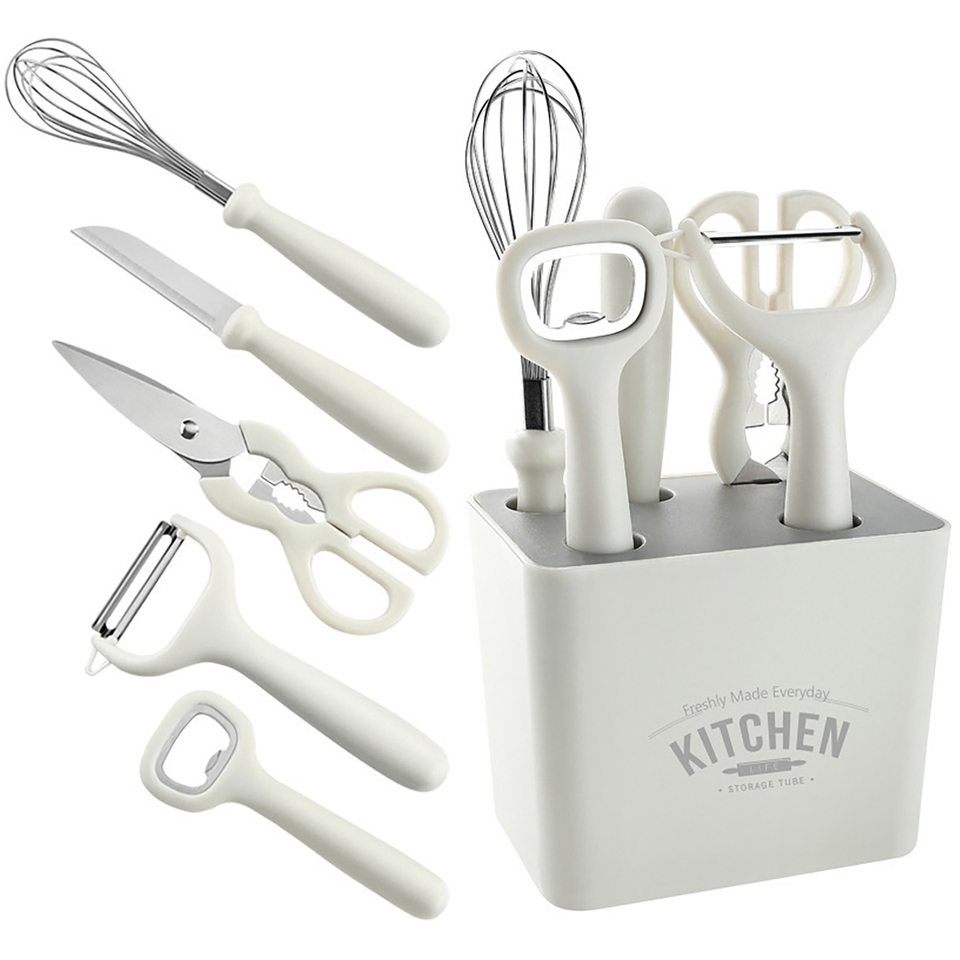 5/6Pcs Stainless Steel Kitchen Gadget Fruit Cutting Knife Set with Storage Seat Melon Shaver Scissors Fruit Knife Egg Beater Set