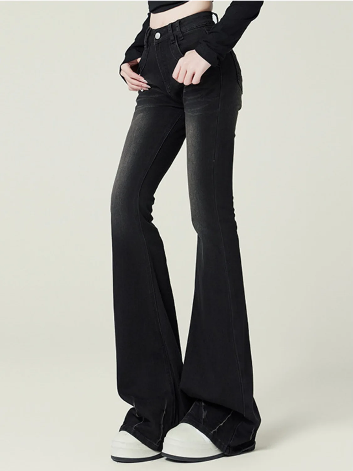 Women's Vintage Washed Black Flare Jeans High Waist Bootcut Denim Pants Split Hem Retro Style