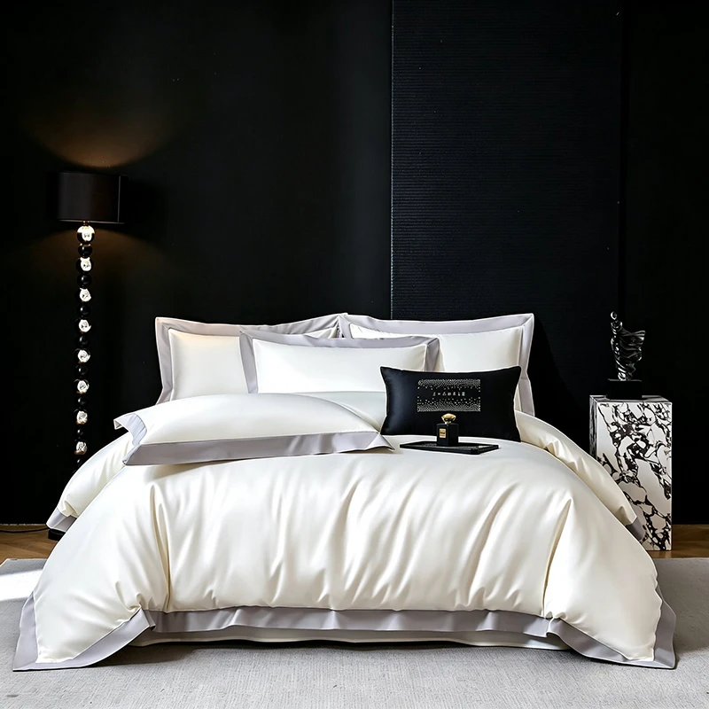 Luxury Hotel Style 600TC Egyptian Cotton Bedding Set White Grey Splicing Duvet Cover Flat Sheet Pillowcases Queen King Size 4Pcs