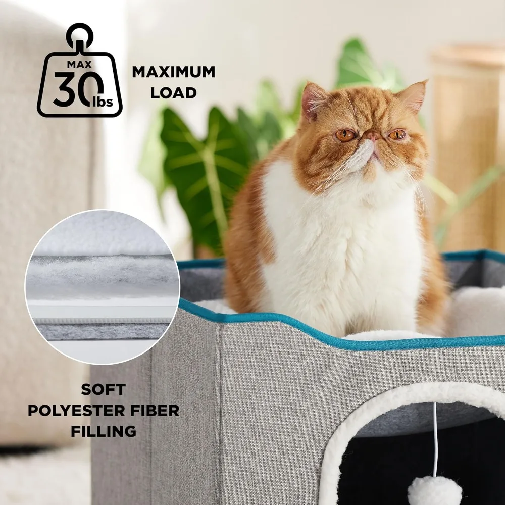 Cat Beds for Indoor Cats - Large Cat Cave for Pet Cat House with Fluffy Ball Hanging and Scratch Pad