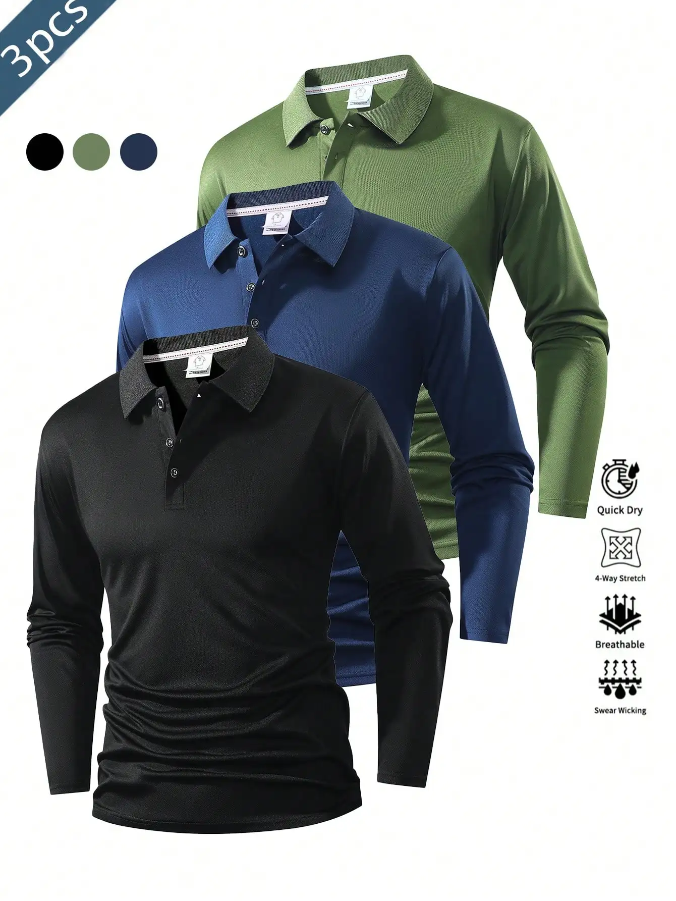 

Набор из 3 мужских поло с длинным рукавом - быстросохнущие, дышащие, с 4-сторонней растяжкой