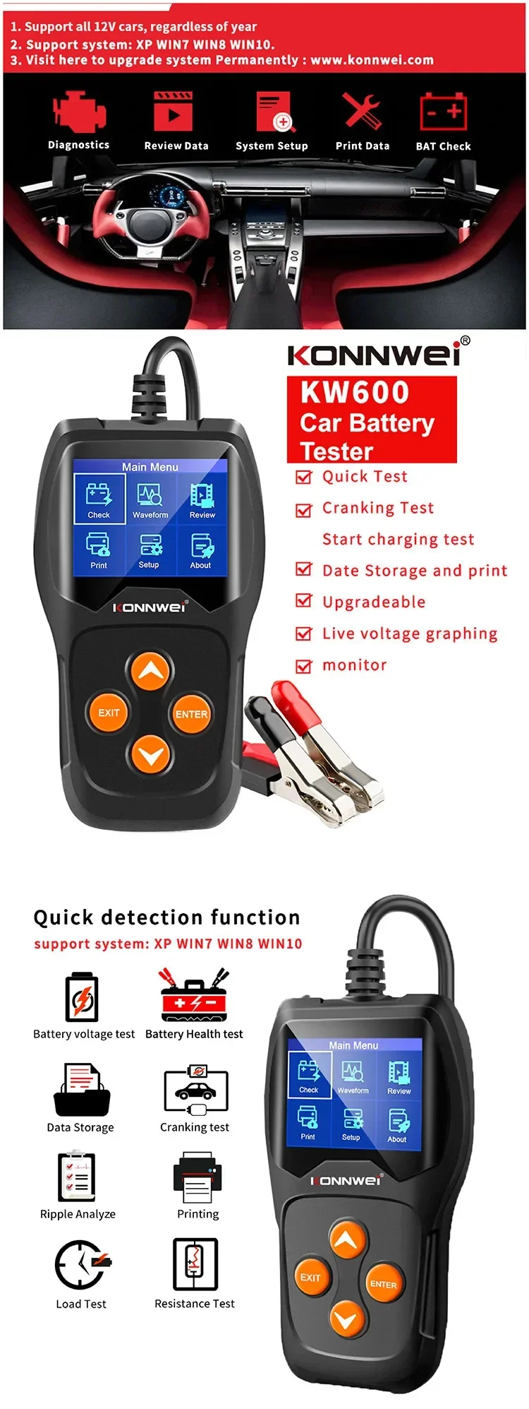 KONNWEI KW600 Car Battery Tester 12V 100 To 2000CCA 12 Volts Battery Tools for The Car Quick Cranking Charging Diagnostic