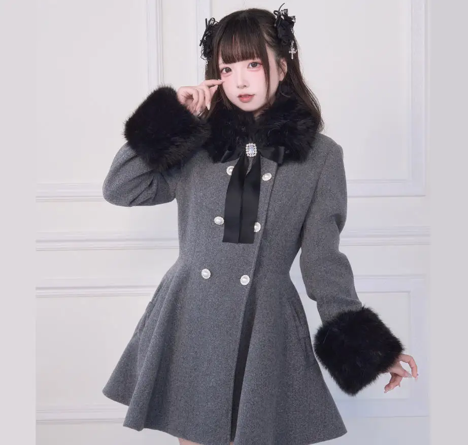 Japanese Mine Sweet Fur Collar Slim Double-breasted Woolen Coat New Winter New Sweet Lolita Women's Bow Slim Mid-length Jackets