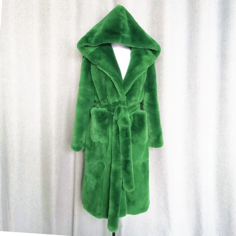 Imagem -03 - Inverno Novo Real Rex Pele de Coelho Grama Cabolsa de Pele Natural Longo Feminino Wear Verde 2023