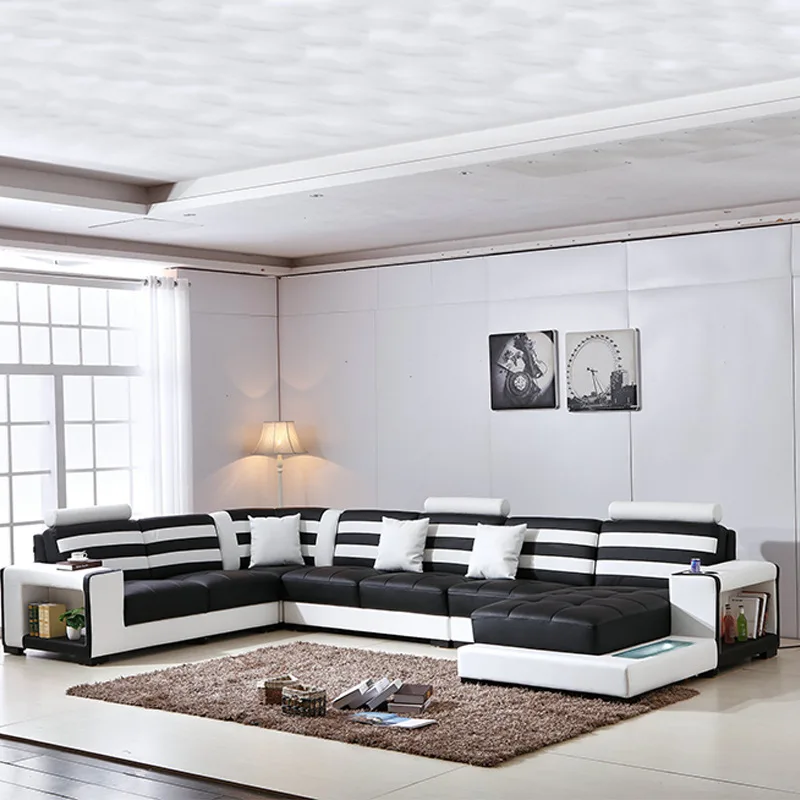 

Customizable European and American popular modern U-shaped living room leather corner sofa LED sofa combination multi-functional