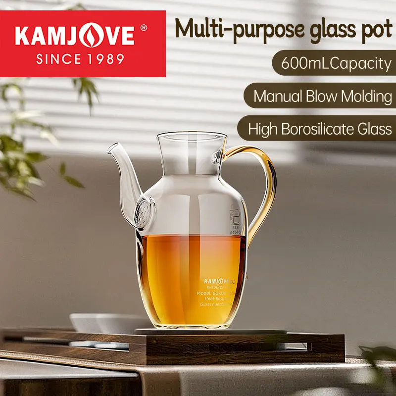 

KAMJOVE Универсальный стеклянный горшок с ручкой, термостойкий стеклянный кувшин Fairness, чайник на 600 мл, хрустальный прозрачный сервировочный горшок для чая GO-220