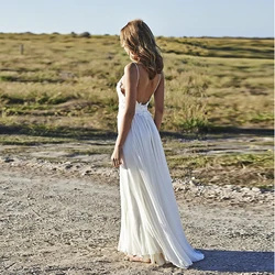 Boho Chiffon Beach Wedding Dresses, Sexy Spaghetti Dresses, Backless Lace, Bohemia Bride Gowns, Verão