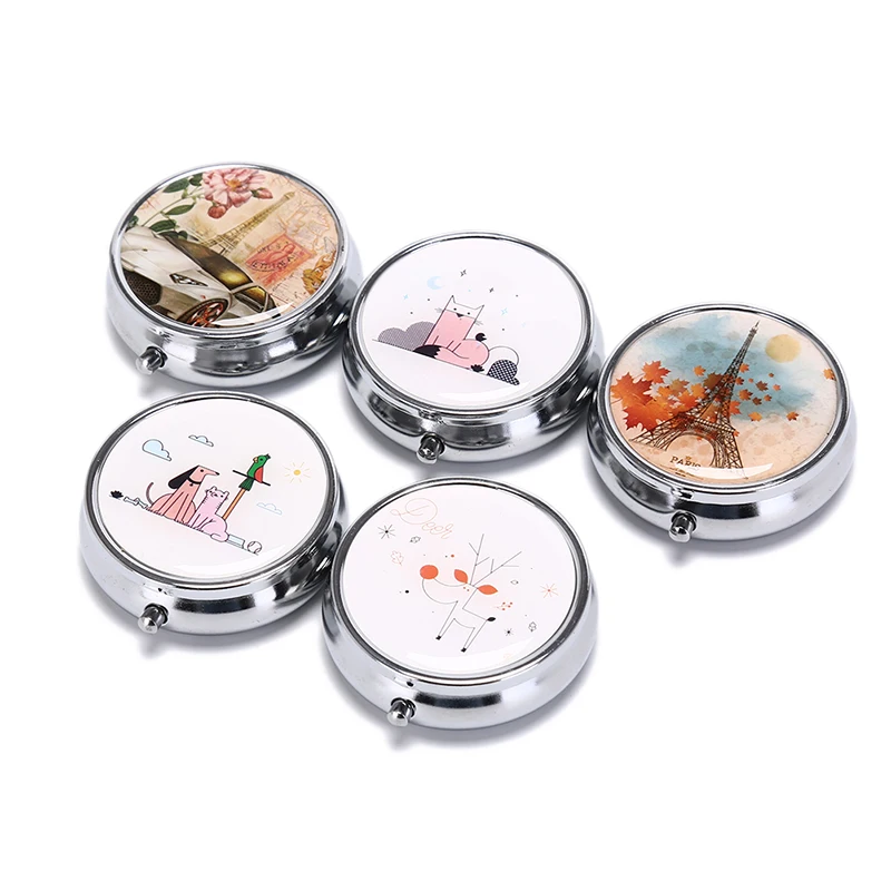 1PCS Portable Metal Folding Pill Case Medicine Round Flower Pill Box Cute Makeup Storage Container Tablet Container Medicine Box