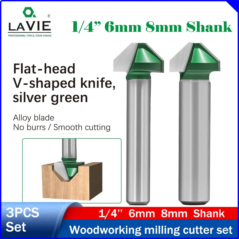 

LAVIE 1pc 1/4" Shank Flat V-Bit Flash Silver Green 90° 2-Flute Chamfer Router Bit Trimmer Cutter for Woodworking