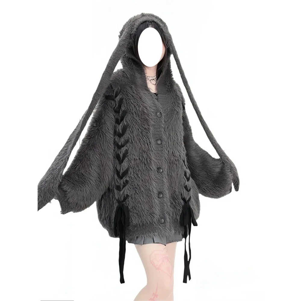 Kawaii Y2k estetyczny śliczny uszy królika sweter z kapturem Harajuku wróżka bandaż Grunge płaszcze Streetwear kobiety puszysty sweter płaszcz