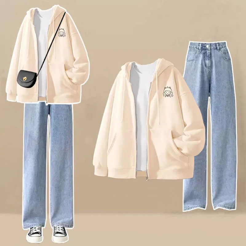 Spring and Autumn Thickened College Set Women\'s Korean Loose Casual Coat+T-shirt+Wide Leg Jeans 3-Piece Set