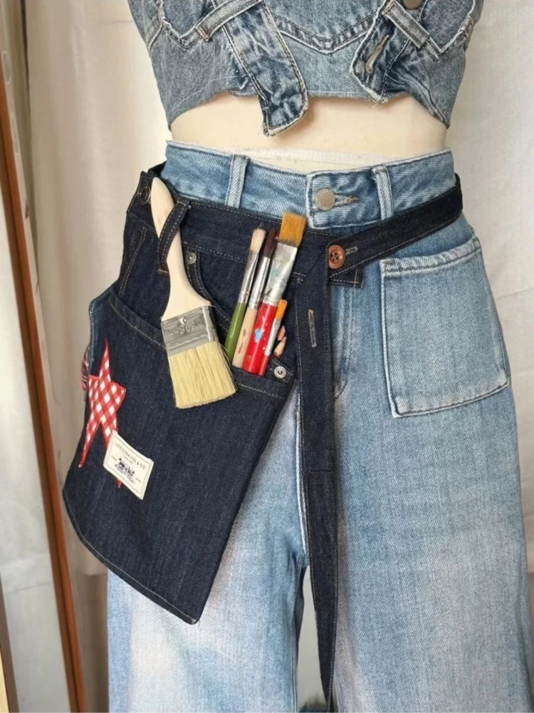 حزام نسائي من قماش الدنيم المغسول بتصميم عتيق - تنورة مريلة مكونة من 5 جيوب مع زينة على شكل نجمة متباينة |   Y2K ملابس الشارع والطبقات الأساسية