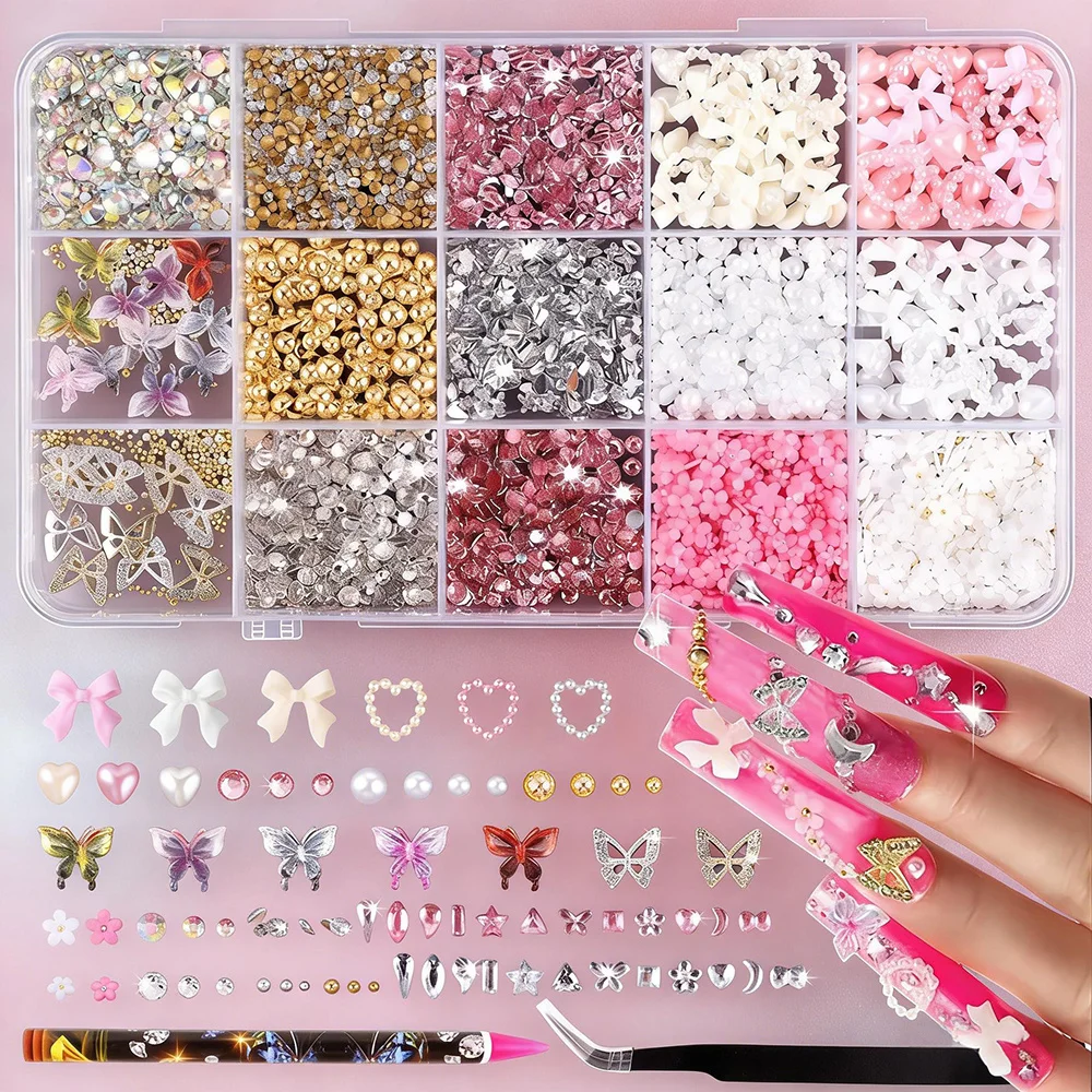

15 Grid Girls' DIY Nail Art Decoration Set, Multifunctional Bow Tie Rhinestone Style Nail Accessories, Holiday Gifts