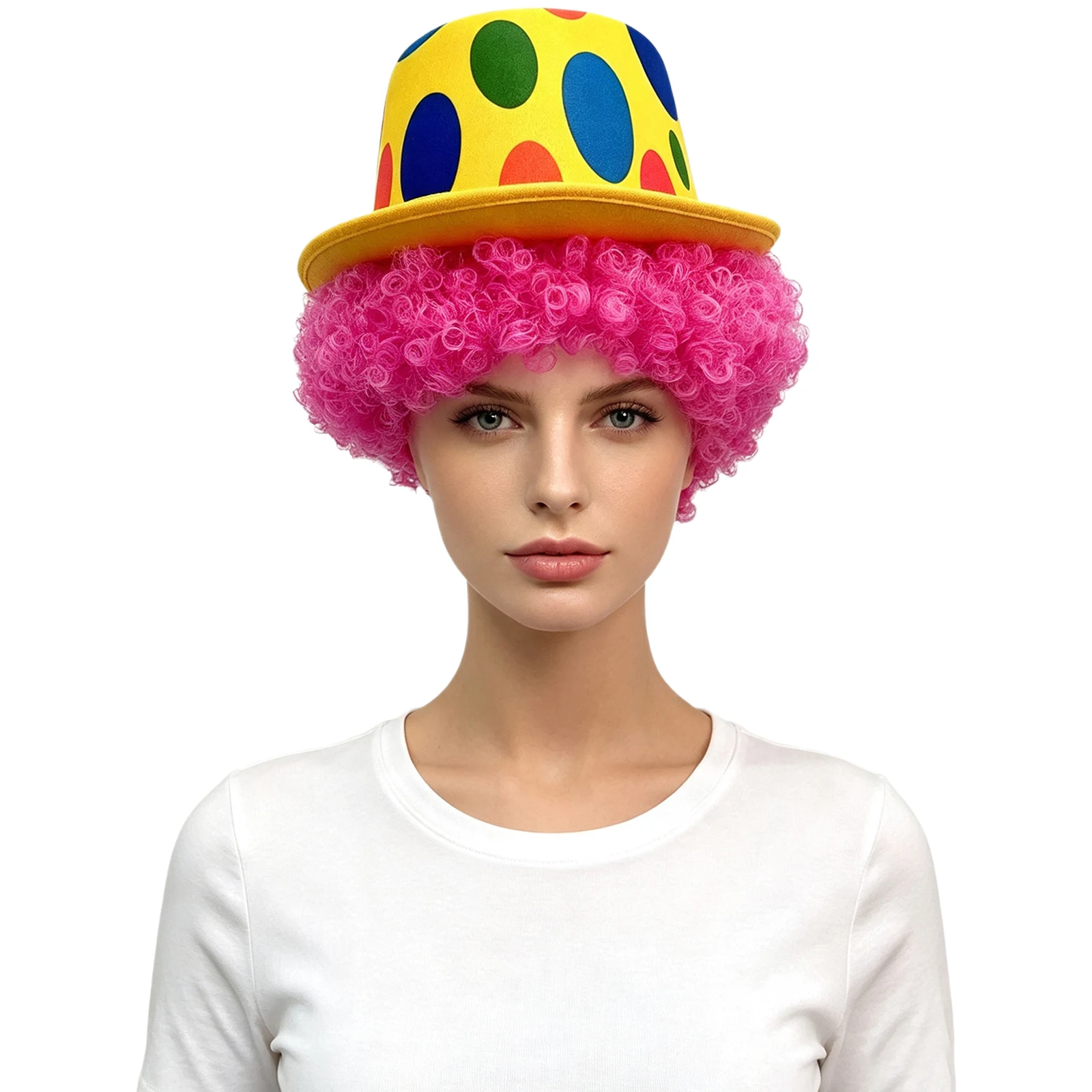 Funny Clown Curly Wig with Polka Dot Hat Cap Costume Accessories for Halloween Cosplay Party Performance