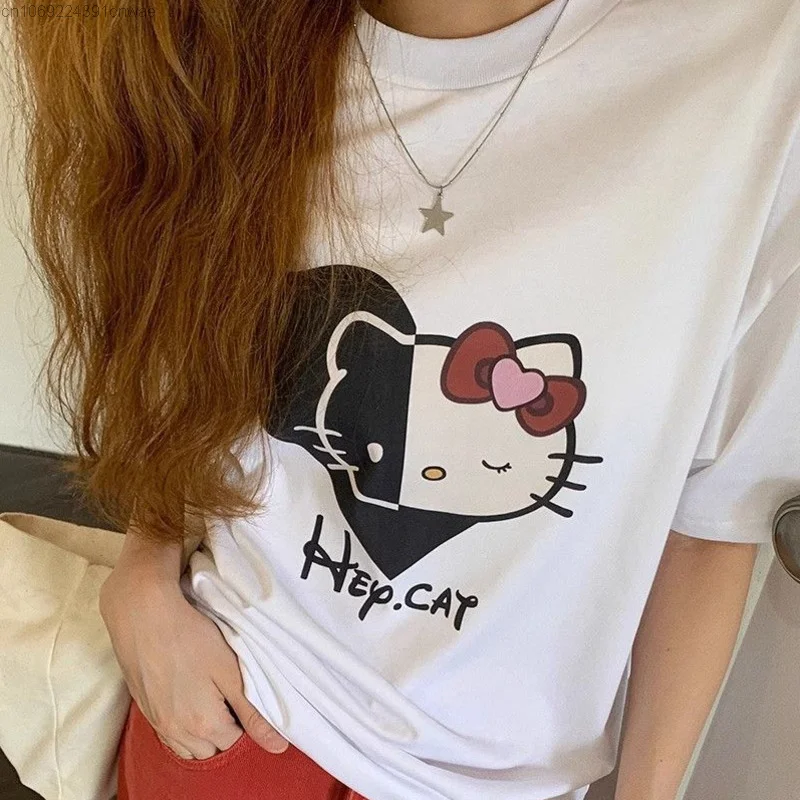 Sanrio Hello Kitty Schattig Wit Zwart T-Shirt Kawaii Y 2K Nieuwe Anime Grafische T-Shirts Top Vrouwelijke Meisjes Mode Jpanese Kleding Vrouwen Yk2