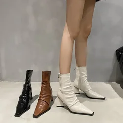 2024 Autumn and Winter New Pointed Toe Slim Back Zipper Bootie Women's Block Heel Versatile Folded High Heel Fashion Pile Boots