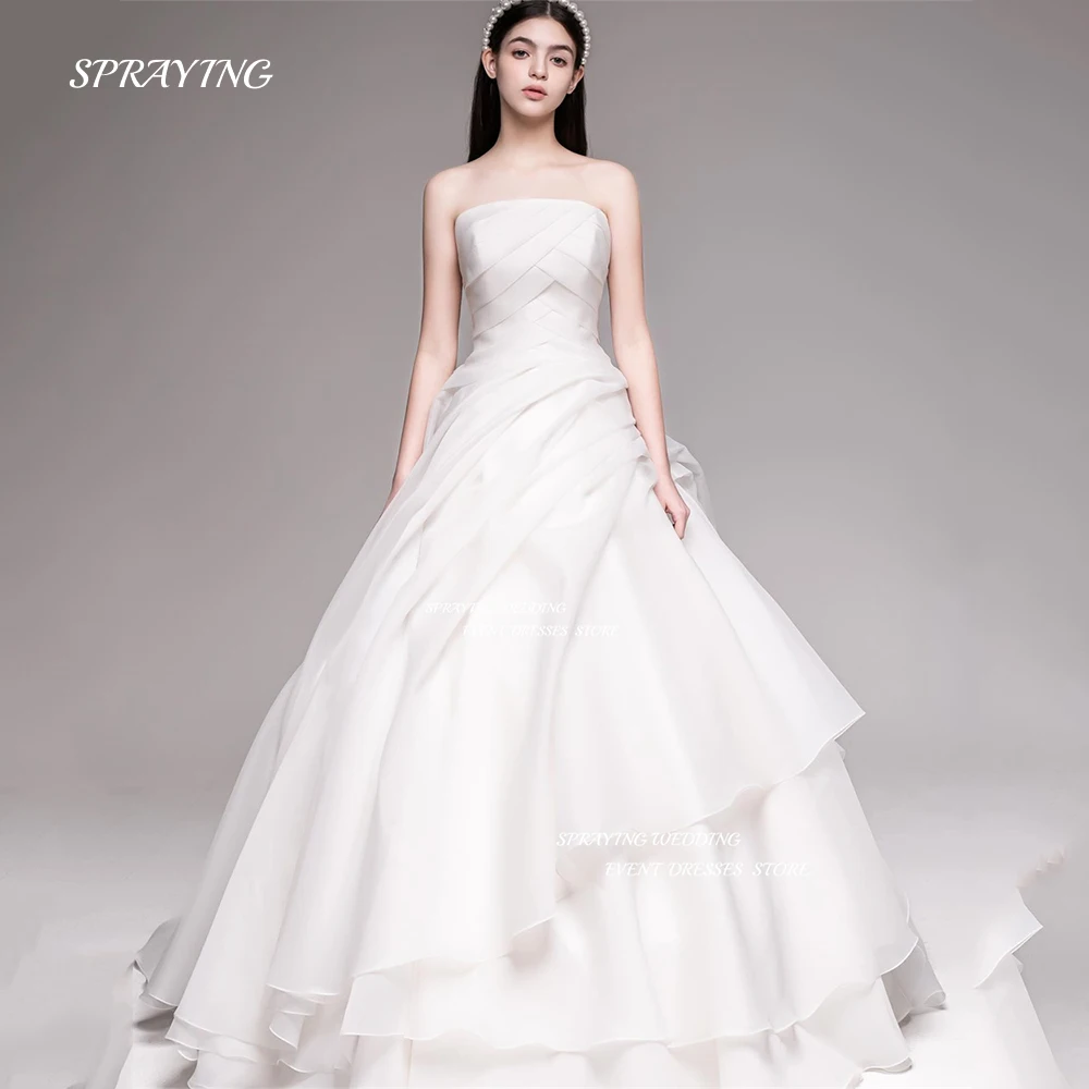 

SPRAYING Korea Strapless A Line Wedding Dress Photo Shoot Soft Satin Sleeveless Bridal Dresses Pleats Sweep Train 웨딩드레스