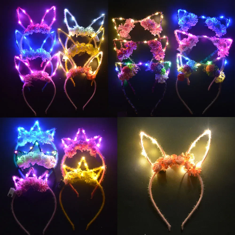 10pcs LED Flashing Light Up Bunny Crown Cat Ear Headband Headwear Gift Cosplay Birthday Party  Glow Party Wedding Festival