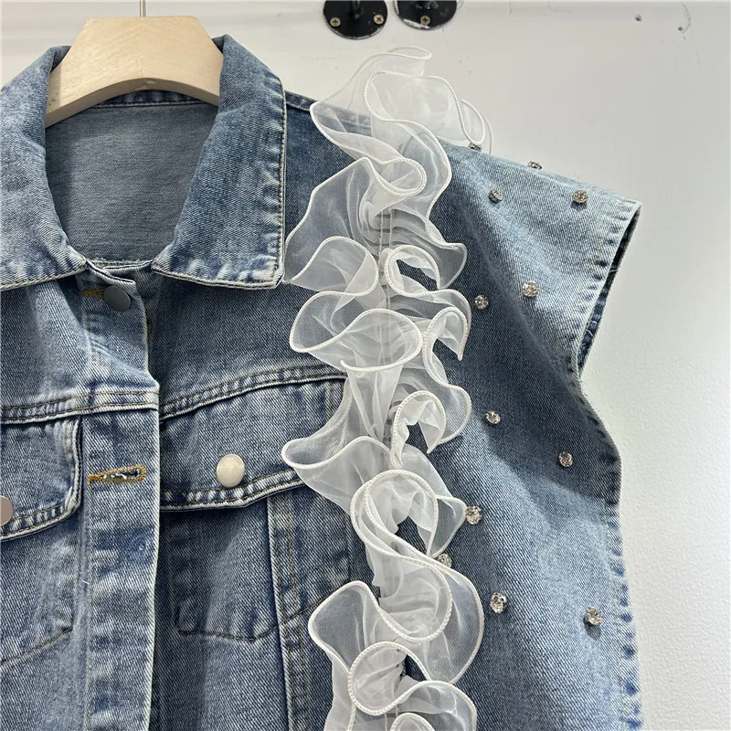 

Fashion Beaded Diamond Lace Patchwork White Black Short Denim Vest Lapel Single-Breasted Sleeveless Cowboy Waistcoat Streetwear