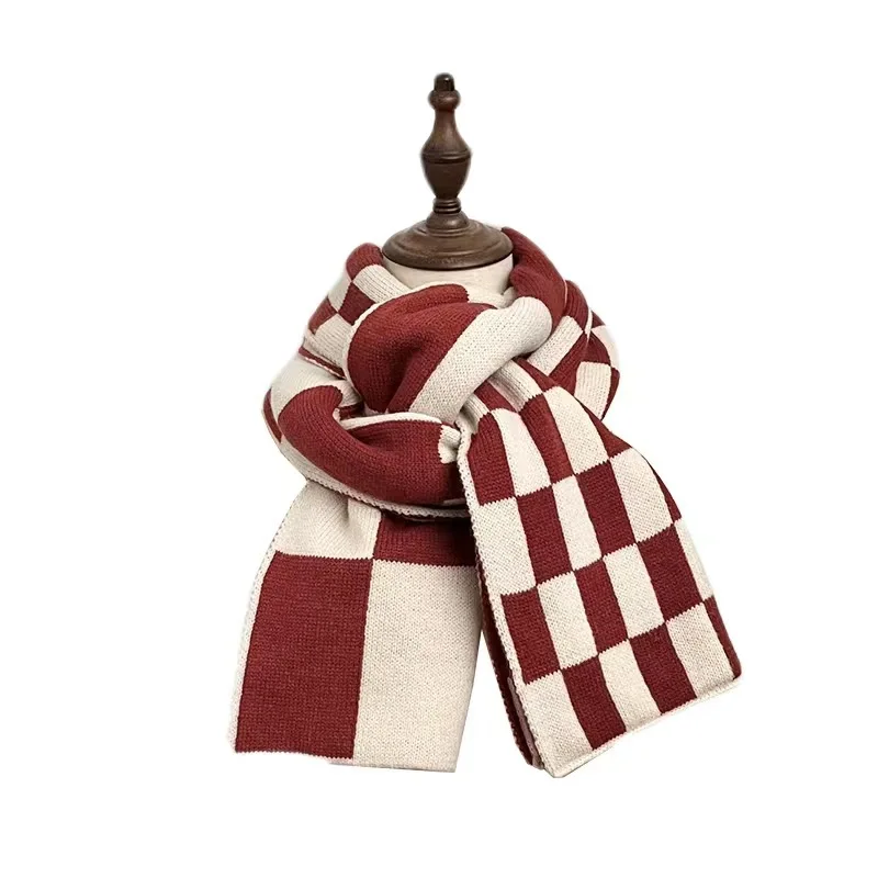 Autumn and Winter Women\'s Chessboard Checkered Woolen Warm Scarf Thickened Knitted Shawl Fashion Outdoor Scarf Luxury Brand H178