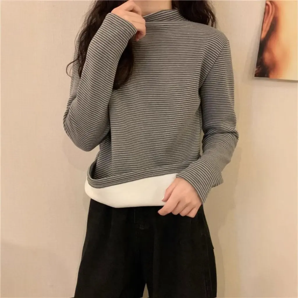 

Women's Striped Mock Collar Base Shirt Slim-fit Long-Sleeved Fleece-Lined Warm Top for Autumn Winter New Style Middle Collar