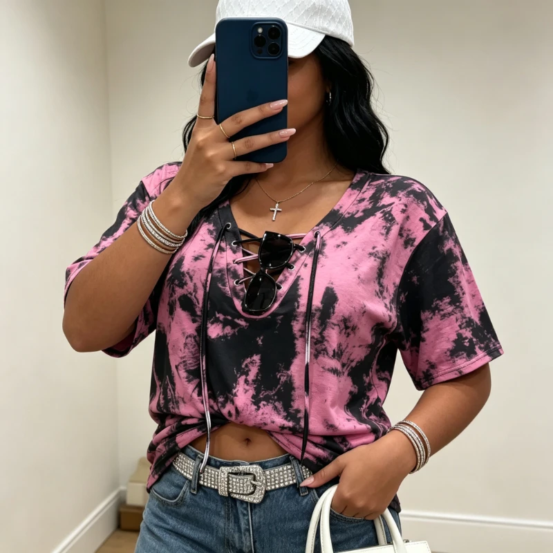 Chic Loose Printed T-shirt Women's Tie Dye Short Sleeved Blouse with V-neck Strap Cross Front Casual Y2k Daily Street Wear Tees