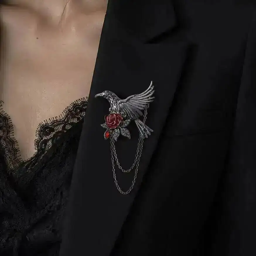 IngeSight.Z Goth Hawk Inlay Glass Drill Rose Lapel Tassel Chain Brooch Pin Suit Shirt Collar Badge Brooches Halloween Jewelry