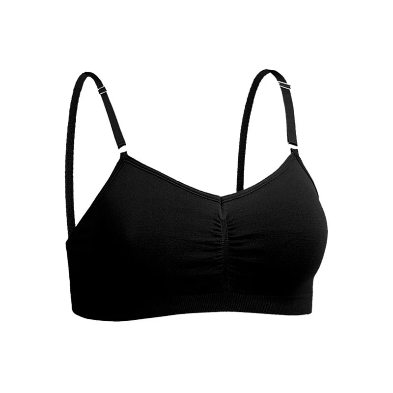 Women V Neck Front Ruched Spaghetti Strap Y Back Removable Pads Light Support Yoga Sports Bra Black XS
