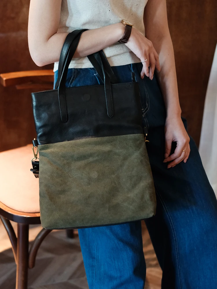 

PNDME casual vintage designer handmade canvas leather women's large-capacity shoulder bag outdoor work travel crossbody bag