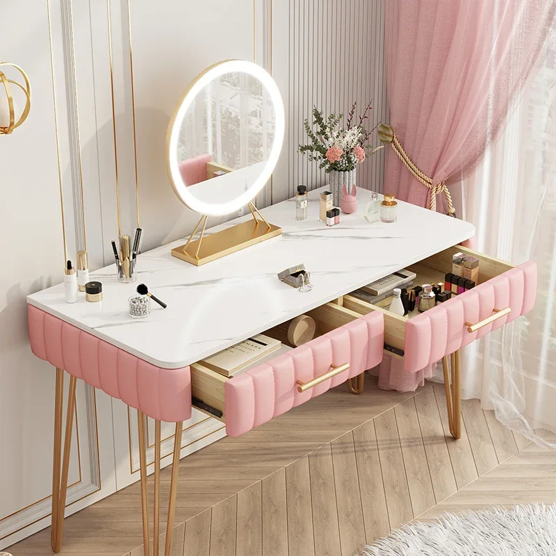 Modern Pink Vanity Table Round Mirror Stylish Makeup Vanity Table Comfy Chair Comodas Con Cajones Dormitorio Home Furniture