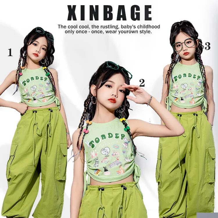 Hipster Push Tank Top Drawstring Jazz High Waisted Crop Kids Dopamine Costume Set Jazz Dance Catwalk Outfit