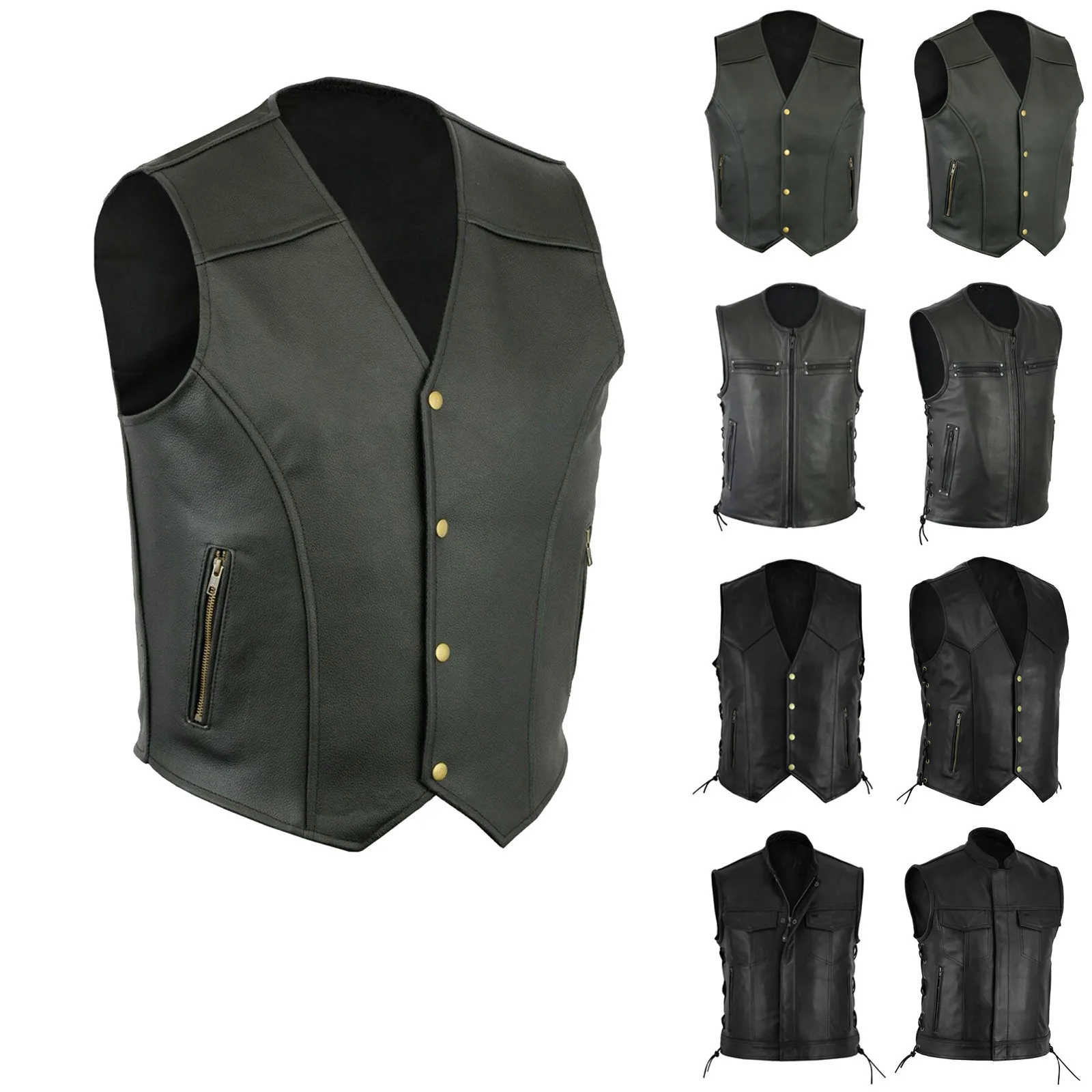 Men Fashion Casual Solid Color Vest Motorcycle Fleet Punk Leather V-Neck Single Breasted Slim Fit Coat Black Vest 2023 New