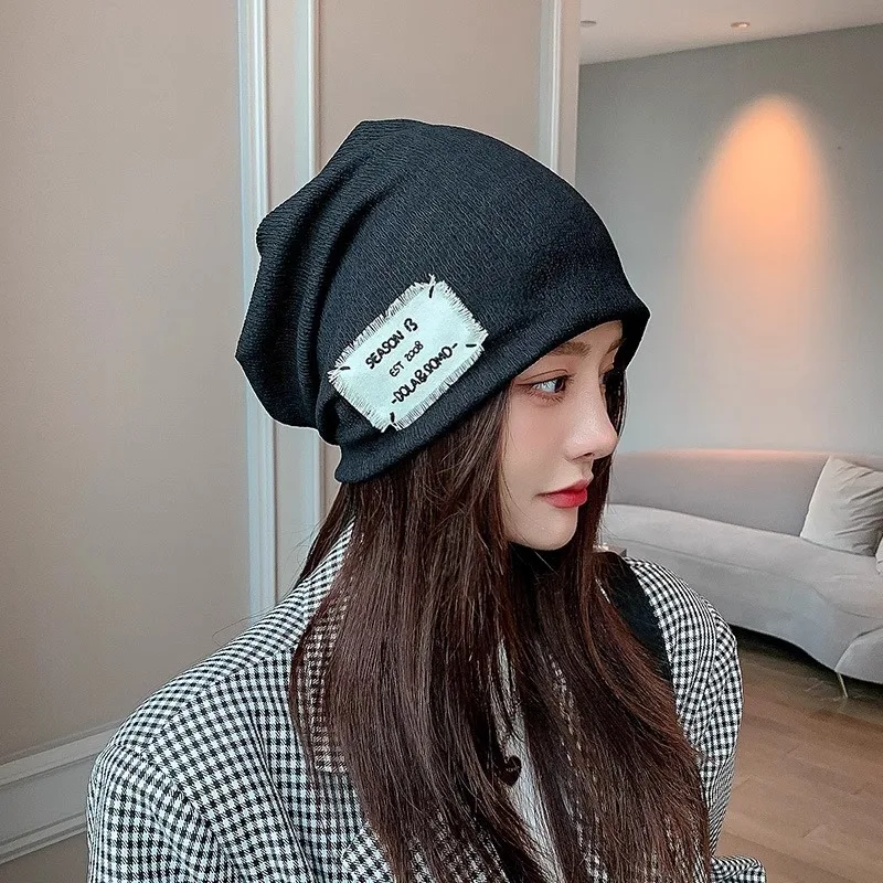 Solid Color Elastic Oversized Hat Spring Autumn Women Knitted Baggy Slouchy Beanie Punk Cloth Label Girl Hip Hop Cap