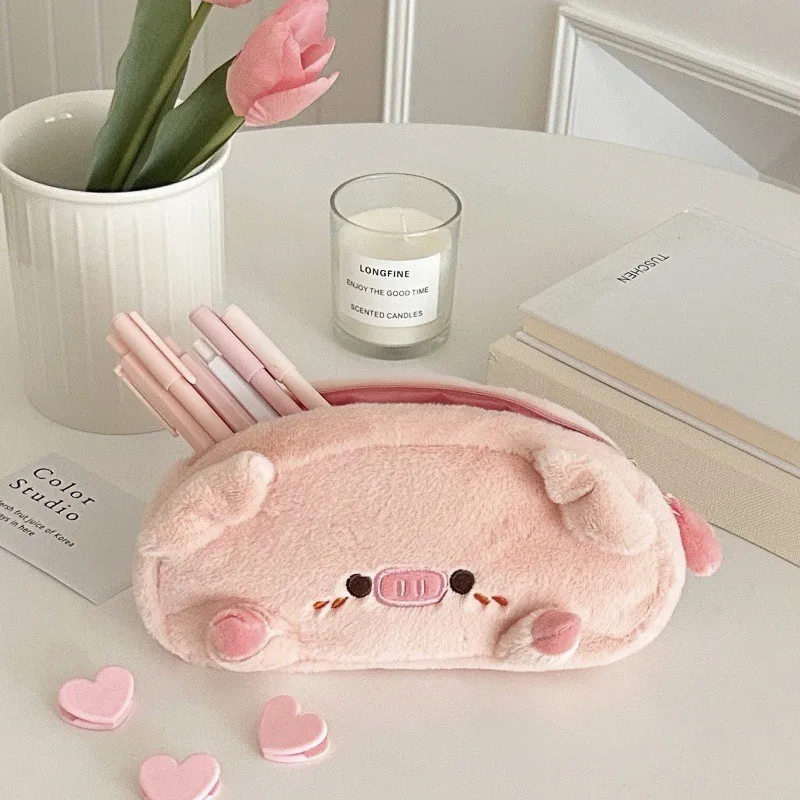 Pink Piggy Pencil Storage Bag Cartoon Animal Plush Pen Bag Pen Case Multifunction Large Capacity Stationery Pouch Makeup Bag