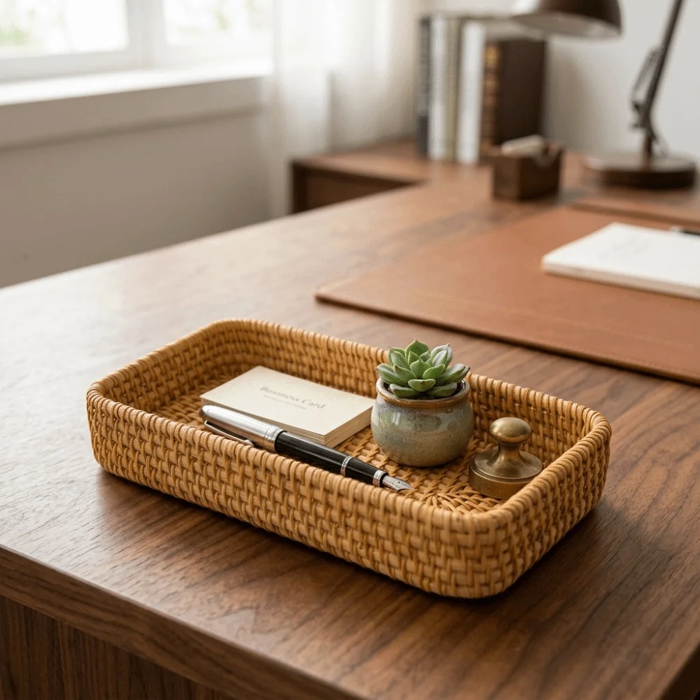Plant fiber Serving Tray Flat Tray Breathable Structure Decorative Tray Sturdy Woven Texture Catchall Organizer Kitchen Counter