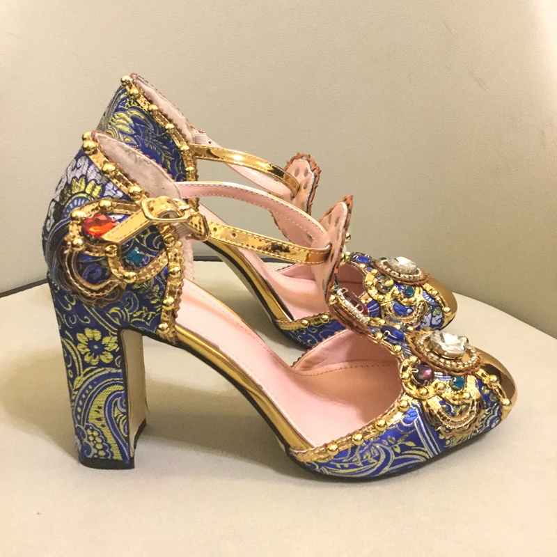 Rhinestone Gem Pearl Embellished Print Flower Embroidery T-belt Sandals Women's Mary jane Pumps Block Heel Gold Toe Shoes