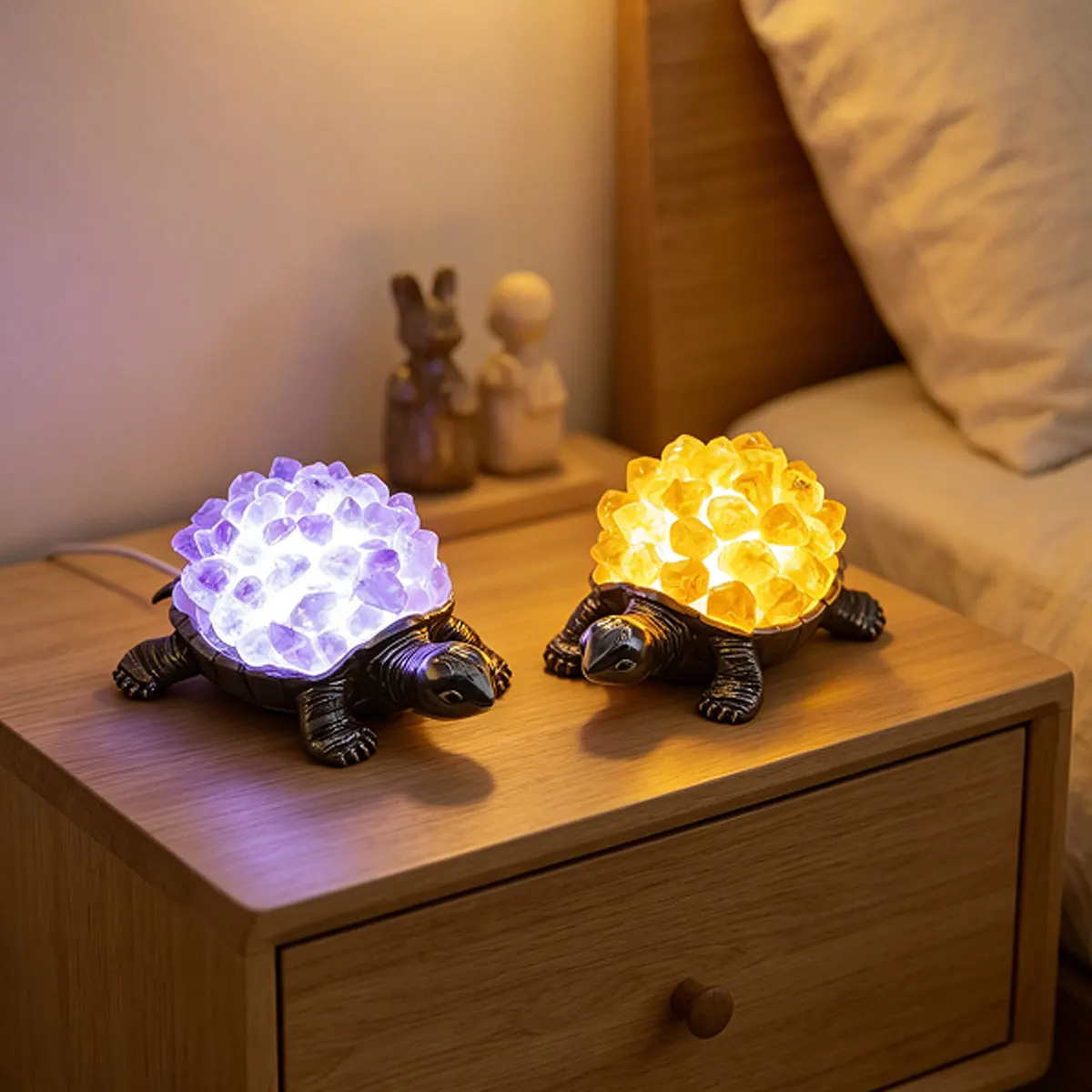 1PC Natural Crystal Animal Figurine, Tortoise Turtle Lamp with Citrine & Amethyst Cluster, Handmade Ornament for Home Decoration