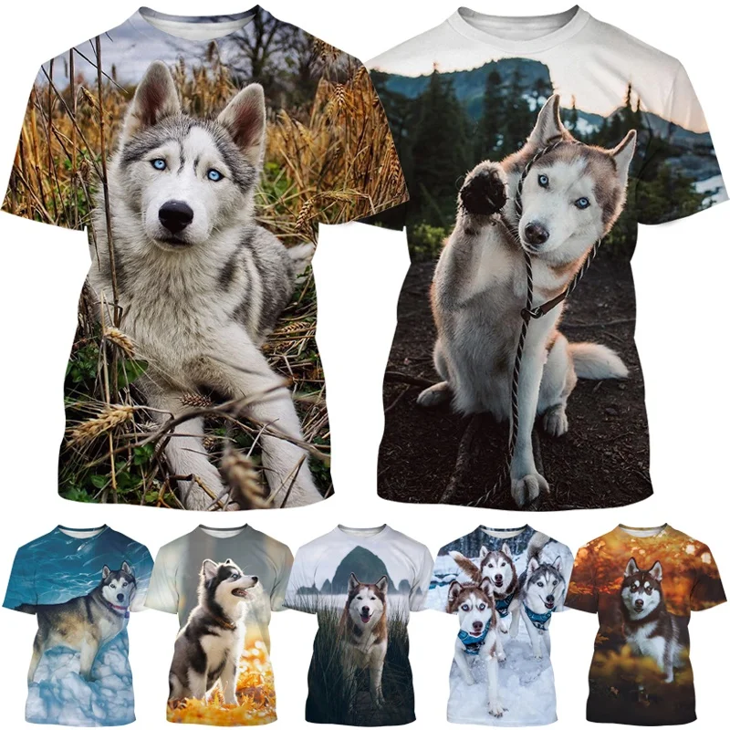 Summer Fashion Pet Dog Husky 3D Printed T-shirt Men and Women Casual Harajuku Street Style Round Neck Short Sleeve T-shirt Top