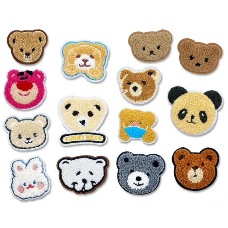 

Cartoon Bear Head Towel Embroidery Cloth Sticker Self-adhesive Seam-free Patch Sticker Chenille Patch Cute Bear Embroidery Label