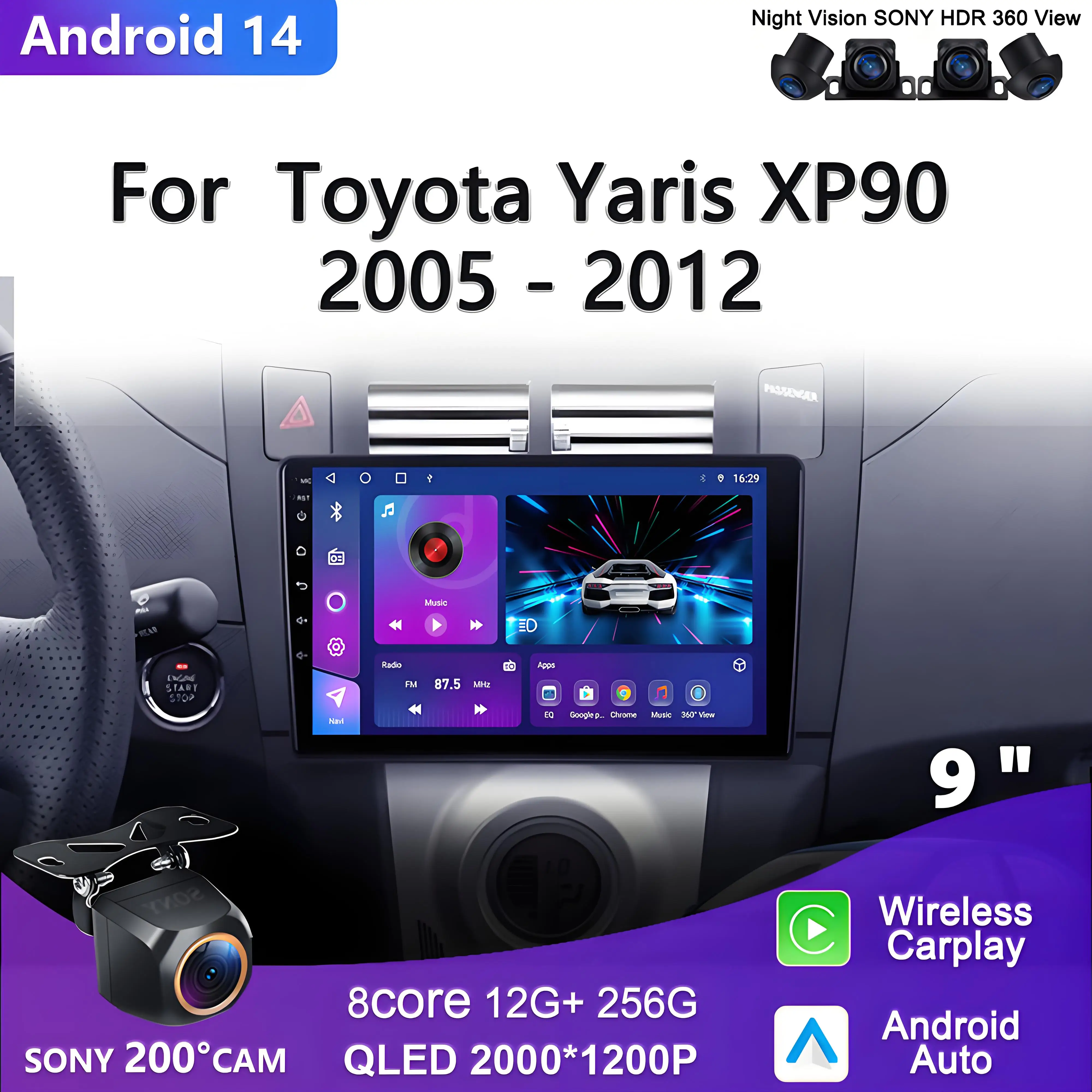 Android 16 Car DVD Multimedia Player For Toyota Yaris XP90 2005 - 2012 Auto Radio GPS Navigation Carplay Stereo Radio Multimedia